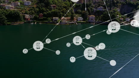 animating network of connected devices over scenic lakeside village