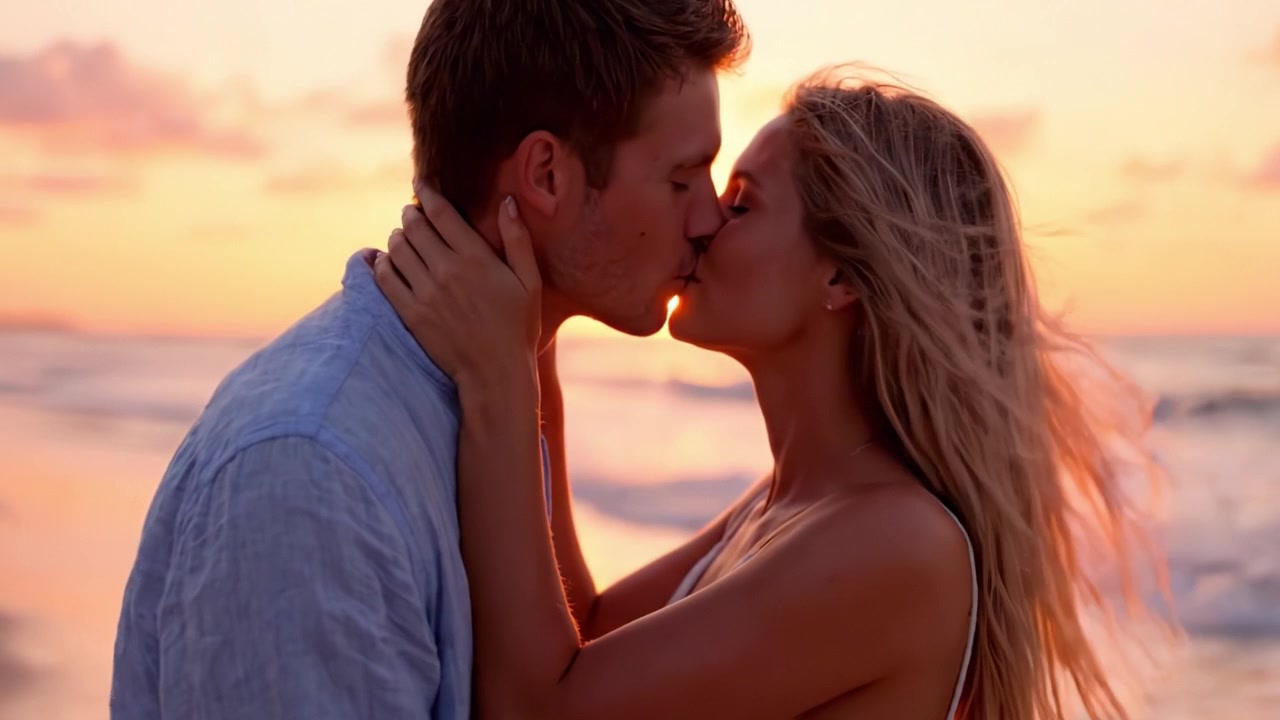 Una passeggiata romantica sulla spiaggia al tramonto: una coppia che abbraccia amore e gioia sulla riva sabbiosa mentre il sole scende sotto l'orizzonte, creando un'atmosfera magica.