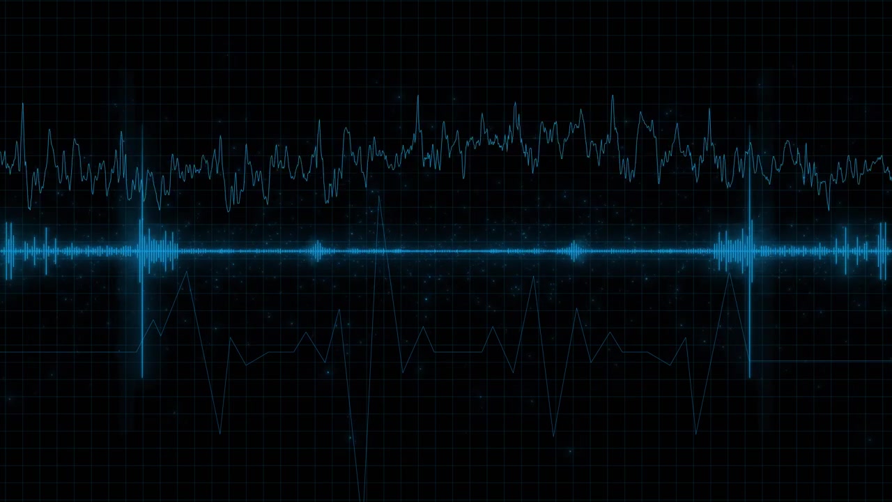 Visuelt digitalt lydspektrum med cyan bølgeformlinjer, mørk gittersskærm og øvre signalgraf