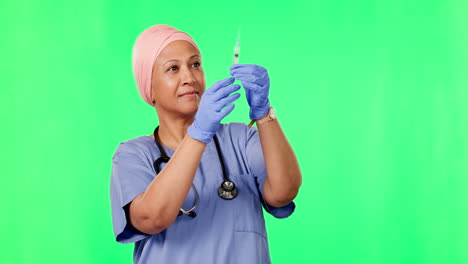 green screen, doctor and muslim woman with syringe