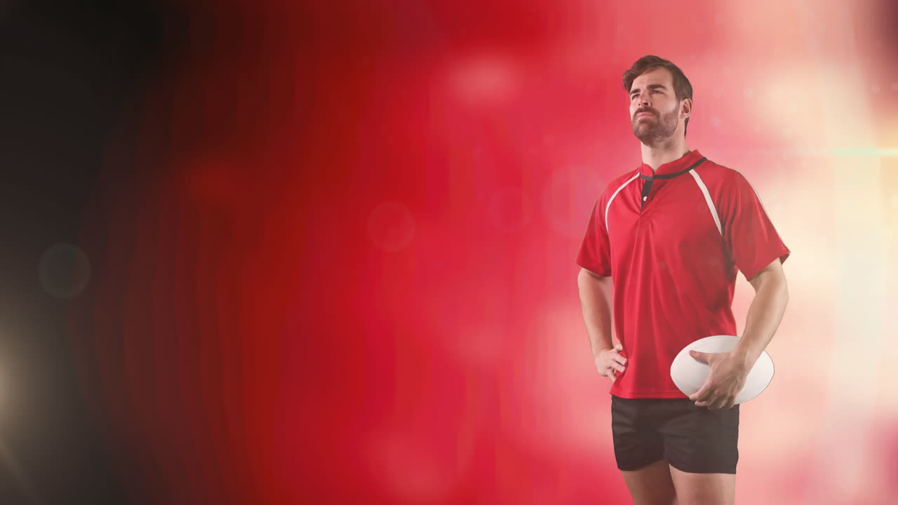 animación de un jugador de rugby sosteniendo la pelota sobre un fondo rojo brillante