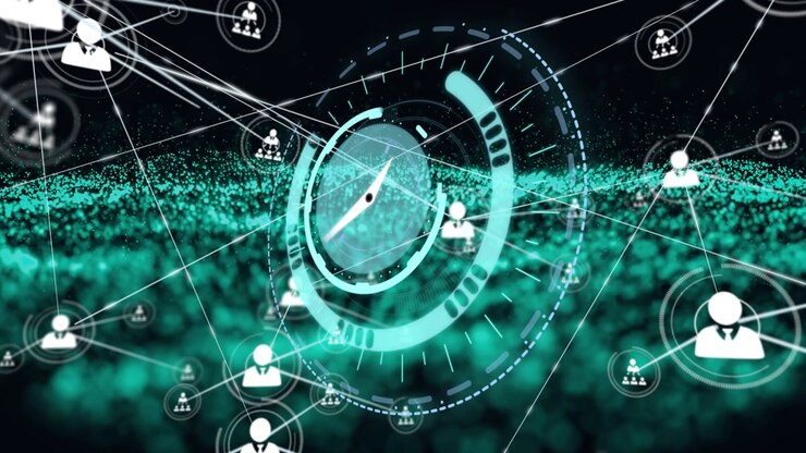 Animation of network of connections with icons over moving clock and light spots on black background