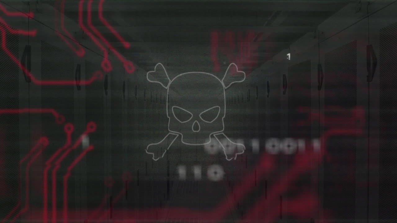 cráneo y huesos cruzados sobre datos digitales y animación de placas de circuitos