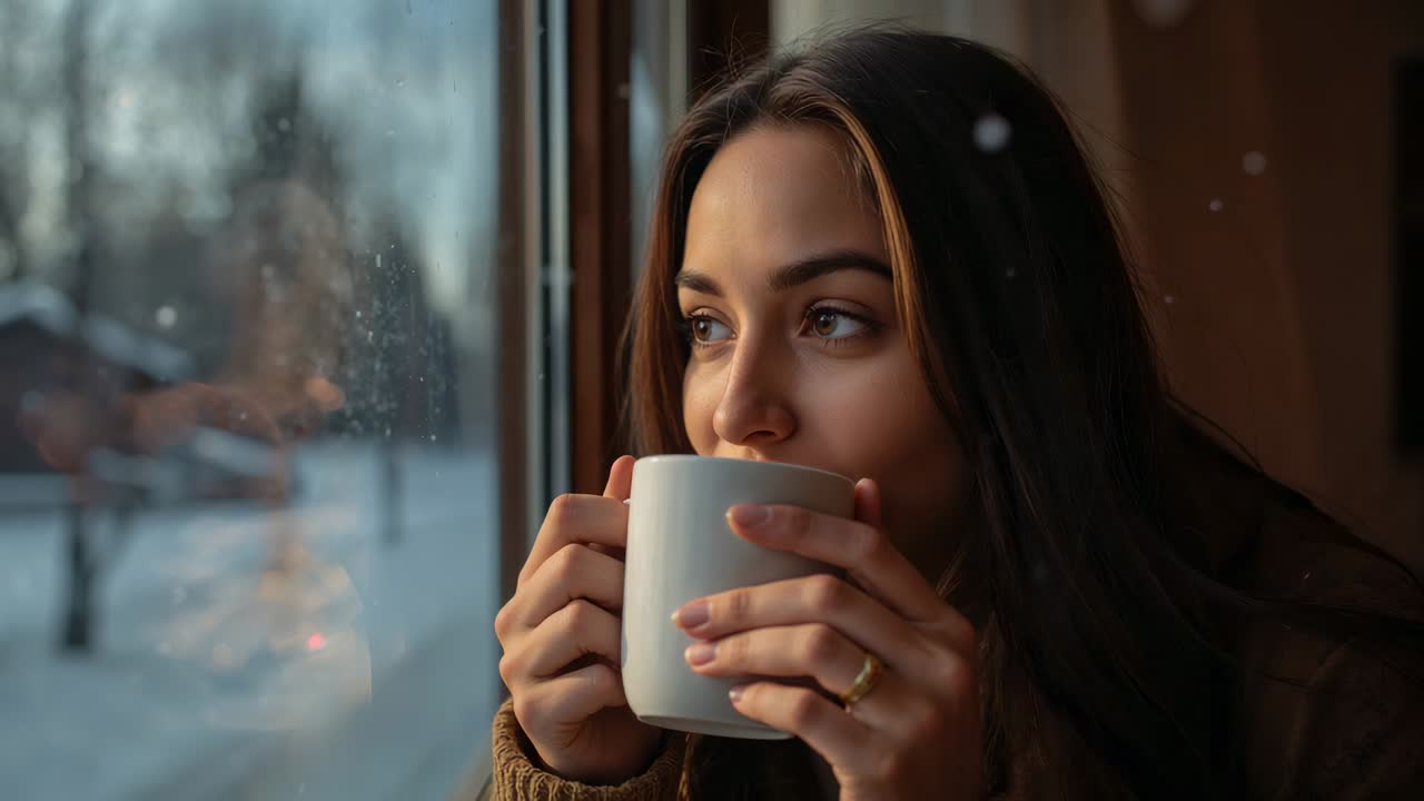 Mujer con jersey de punto sosteniendo una taza blanca y bebiendo sentada junto a la ventana, con un anillo de oro que se refleja