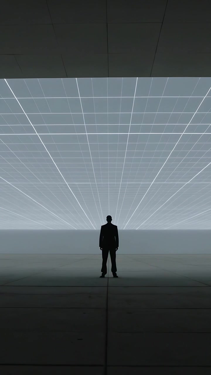 Video vertical: Cámara avanzando, silueta entrando en una galería, vestida de oscuro, con una cuadrícula iluminada mostrando profundidad.