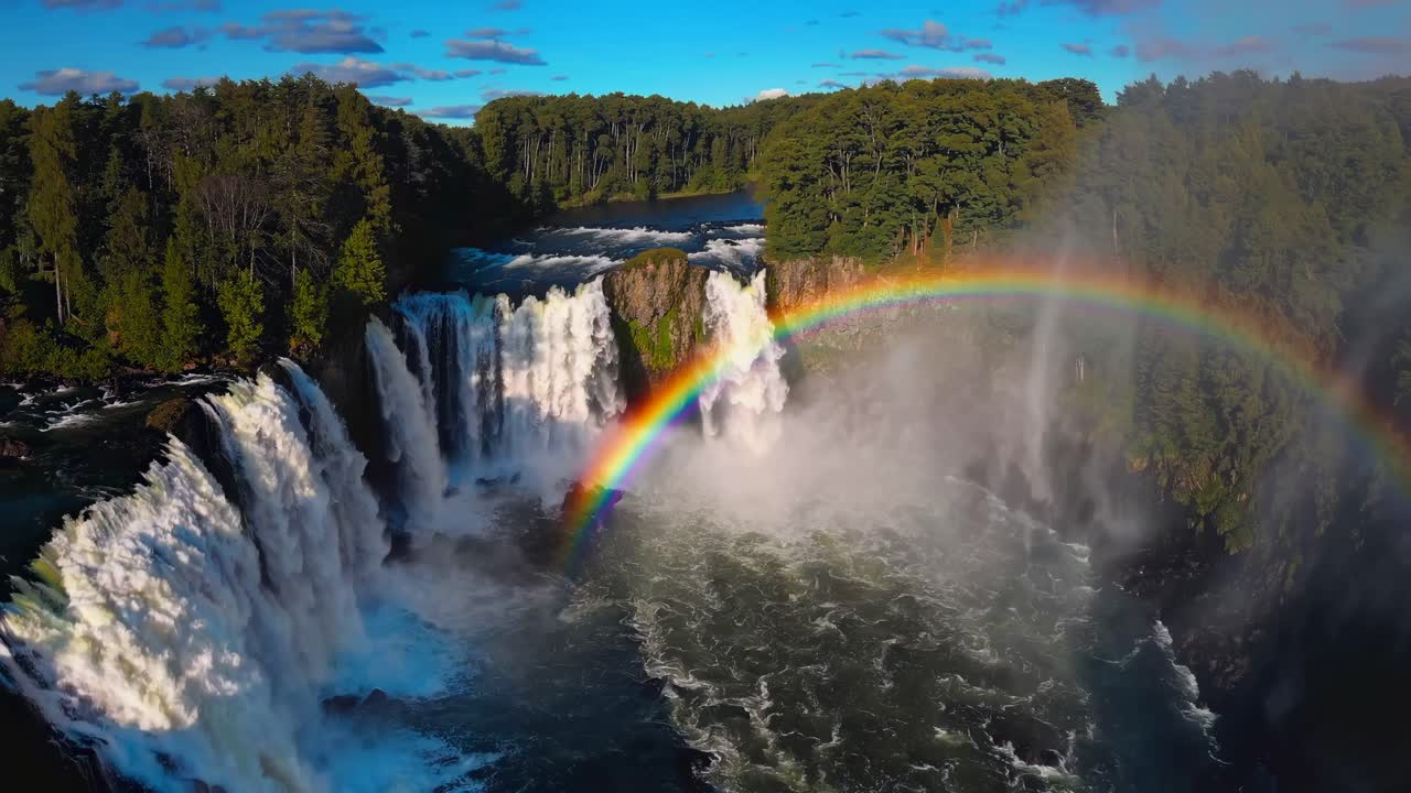 Aerial video captures a stunning waterfall with a vibrant rainbow arching over lush forests