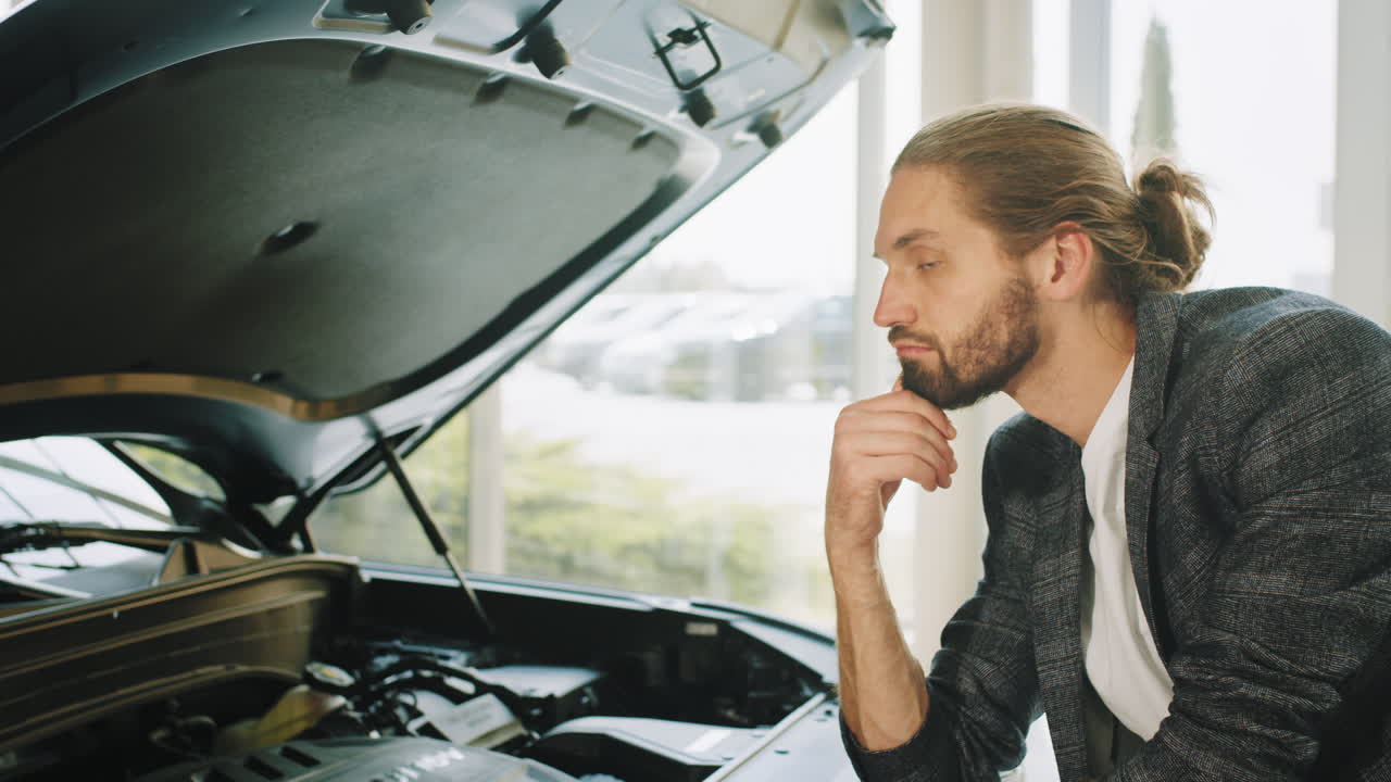 hombre mirando un motor de coche