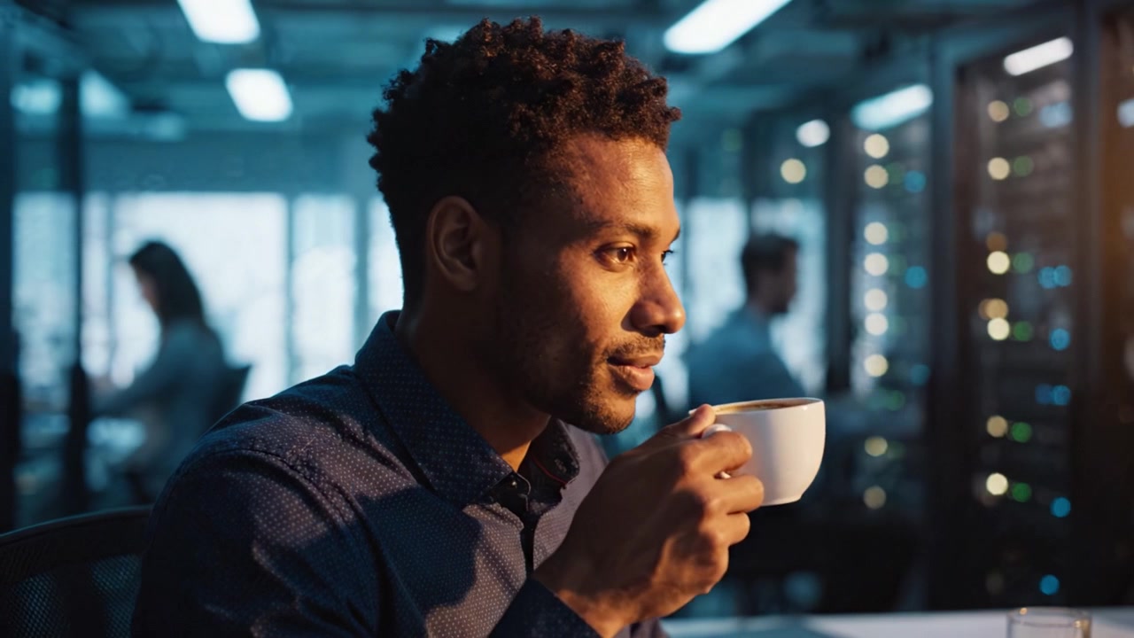 Um indivíduo focado desfrutando de uma xícara de café quente em um ambiente de tecnologia moderno, capturando um momento de relaxamento em meio a uma atmosfera de alta energia