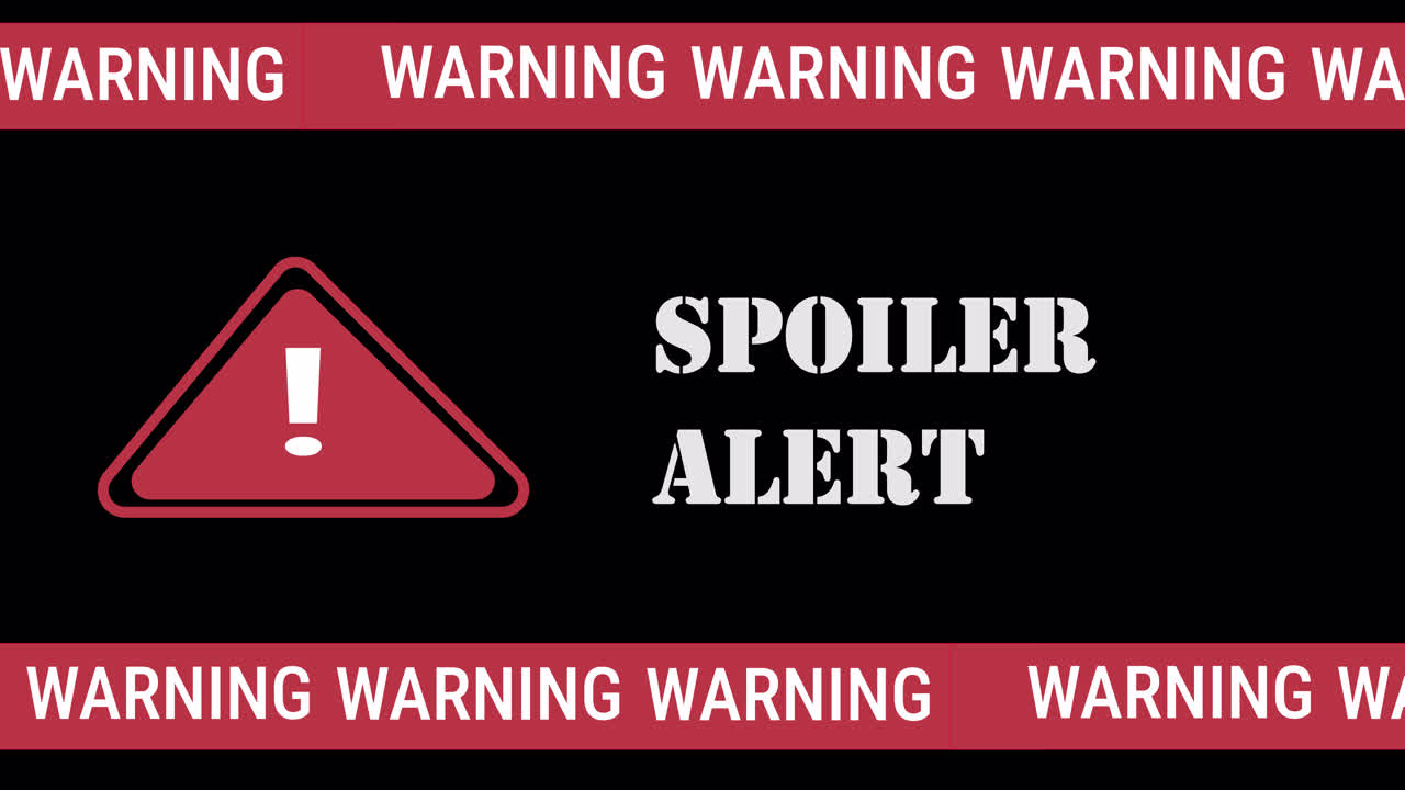 Spoiler Alert Warning with Red Triangle and Scrolling Text