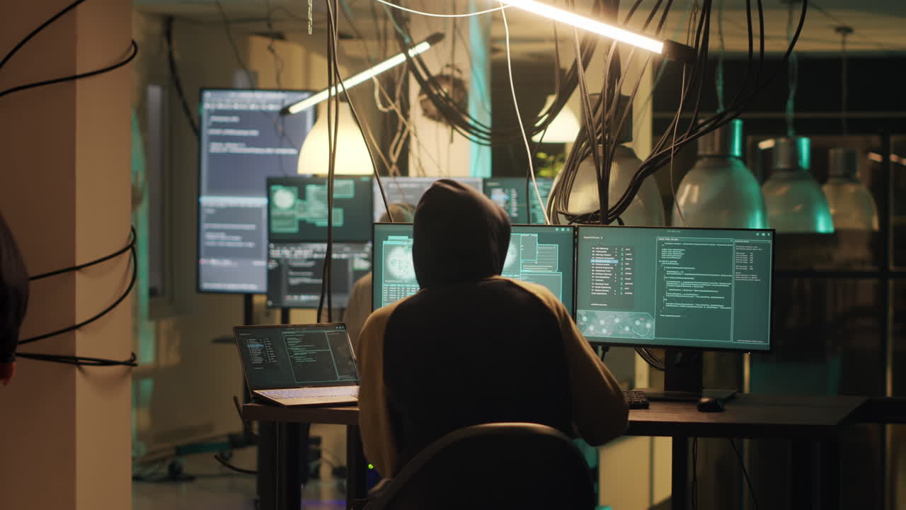 Hackers working on computers in a dark room