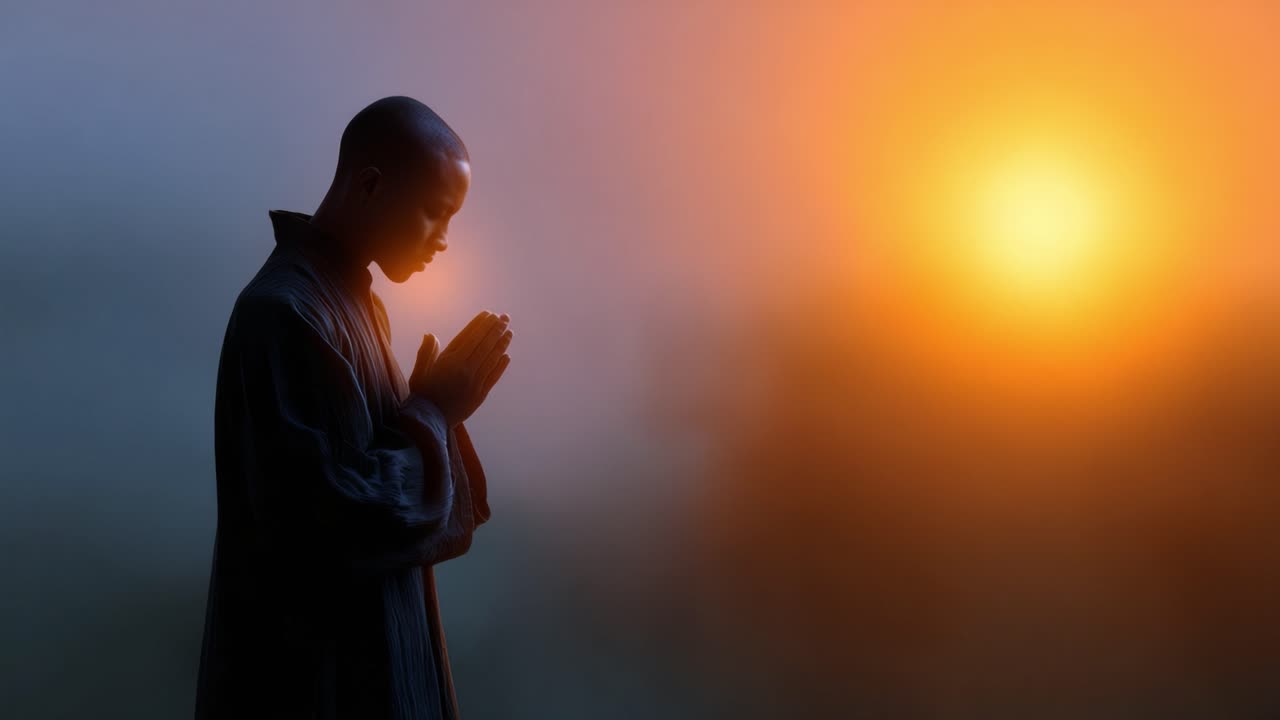 A Serene Moment: A Meditative Figure Silhouetted Against a Beautiful Sunset, Capturing a Deep Connection with Nature's Tranquil Beauty and Peaceful Reflection