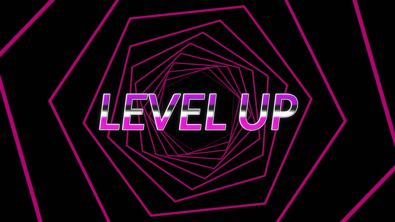 검은색 배경에서 원활하게 회전하는 분홍색 육각형에 대한 보라색 레벨 업 텍스트