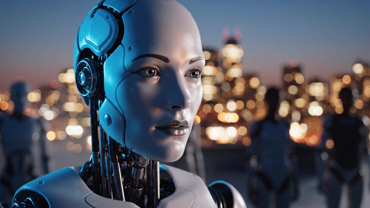 Una vista ravvicinata di un robot umanoide avanzato in un paesaggio urbano futuristico, che mostra design e tecnologia intricati su uno sfondo urbano scintillante al tramonto.