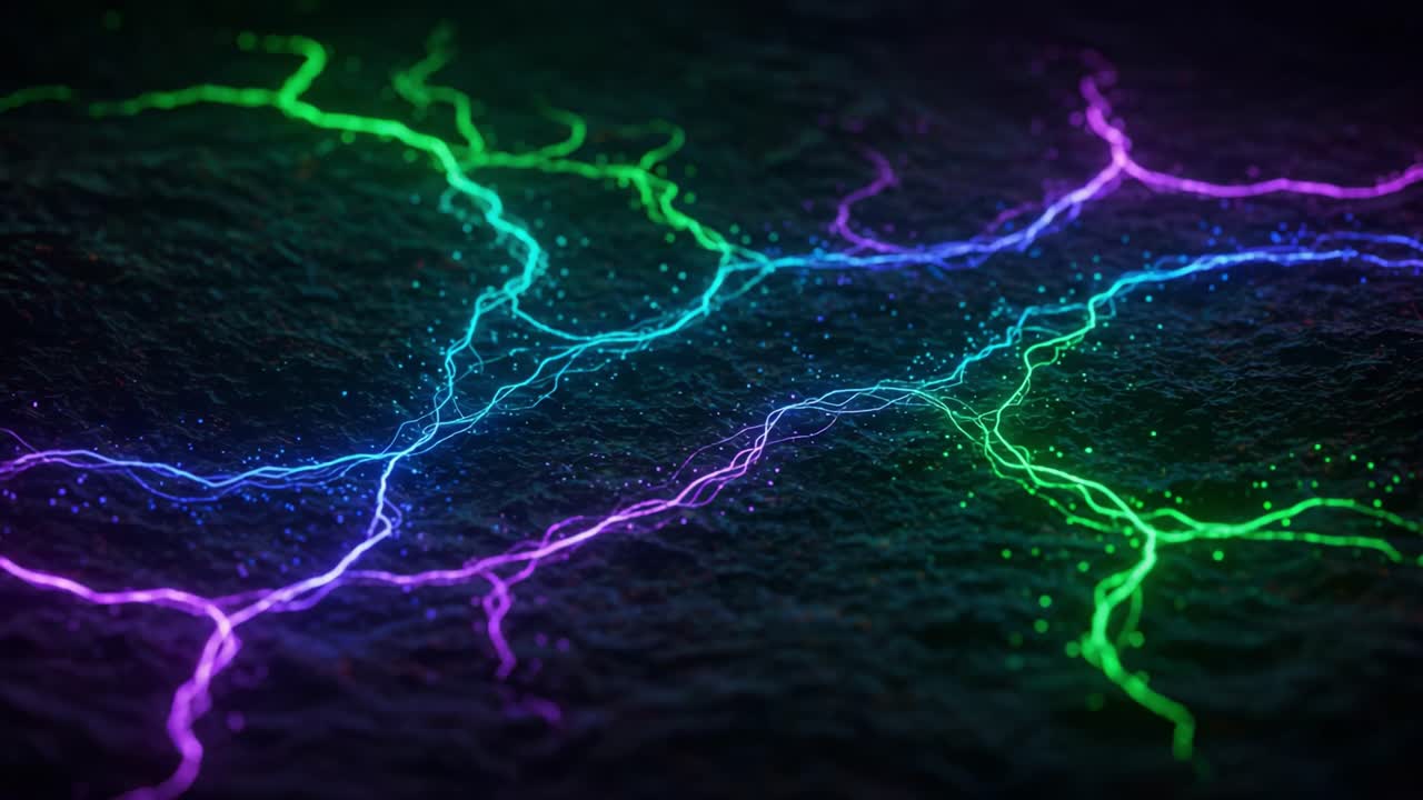 A Captivating Display of Multicolored Electric Currents Illuminating the Ground with Vibrant Neon Light Patterns in a Dark Environment