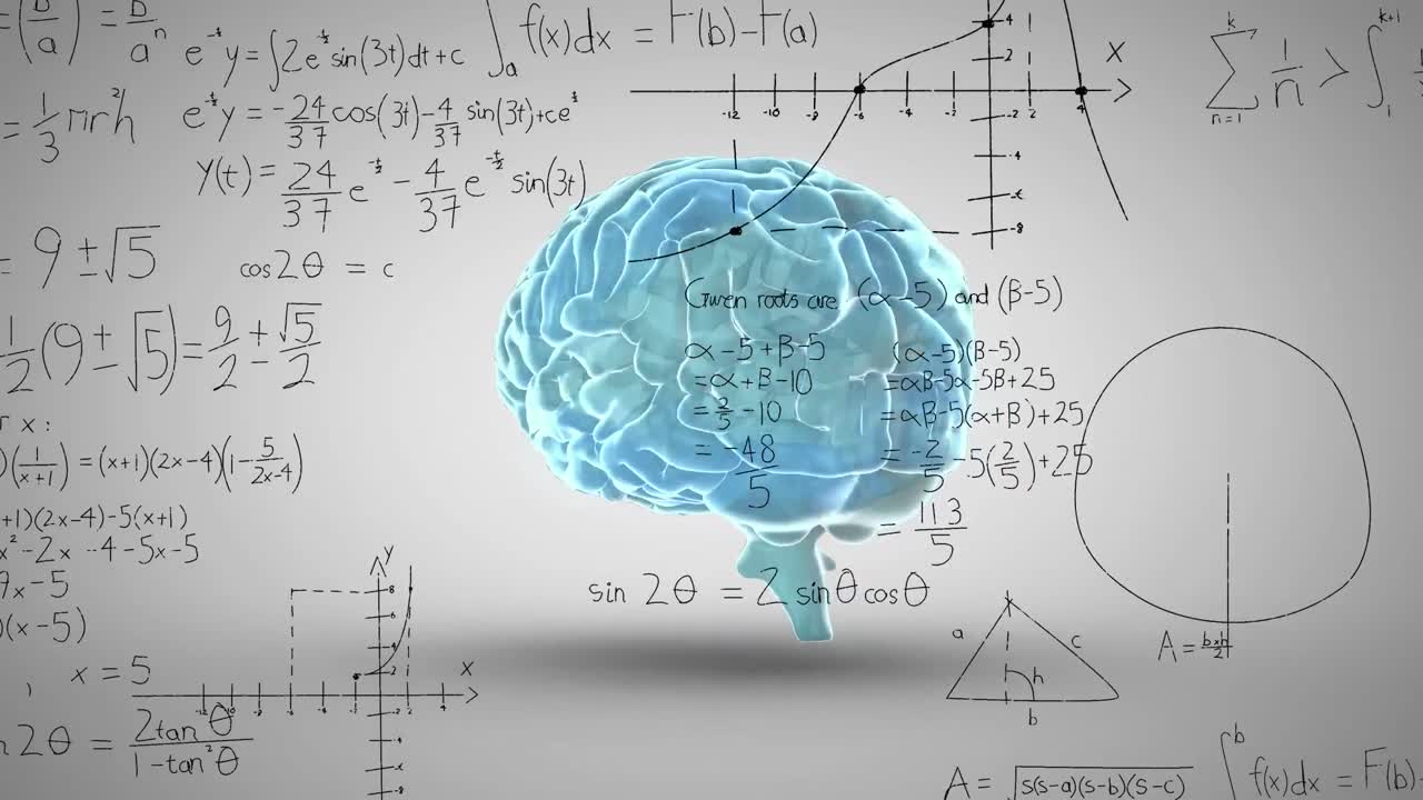 animación de ecuaciones matemáticas y diagramas sobre el cerebro humano contra un fondo blanco