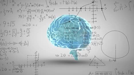 Animation-of-mathematical-equation-and-diagrams-over-human-brain-against-white-background
