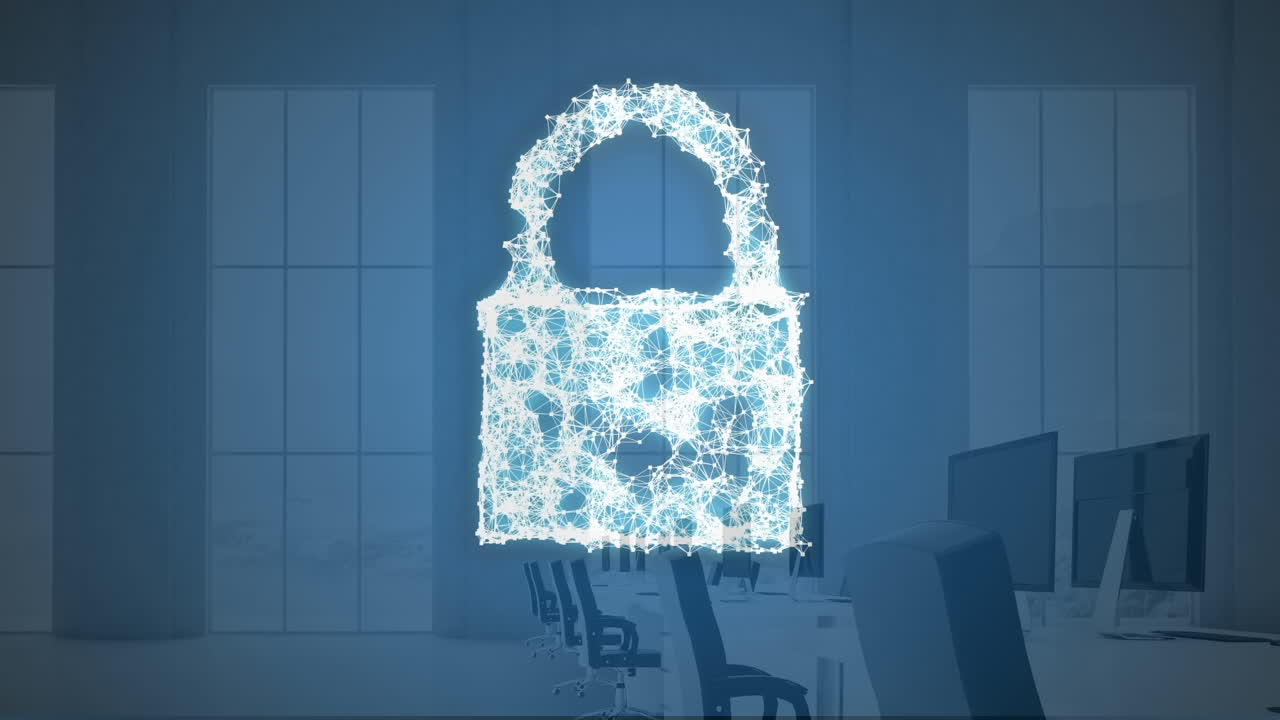 animación de un candado digital sobre las computadoras en la oficina
