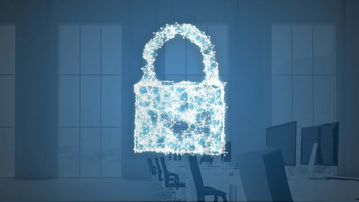 Animation of digital padlock over computers in office