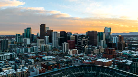 Aerial-Timelapse-of-Denver,-Colorado-at-Sunset