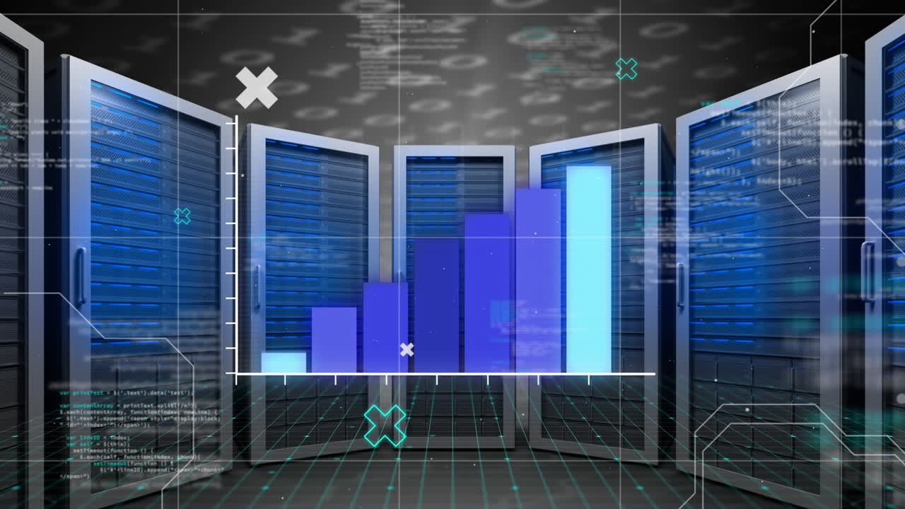 Animation of data processing and diagram over server room