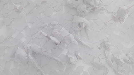 white, crushed android body parts on a foggy junkyard