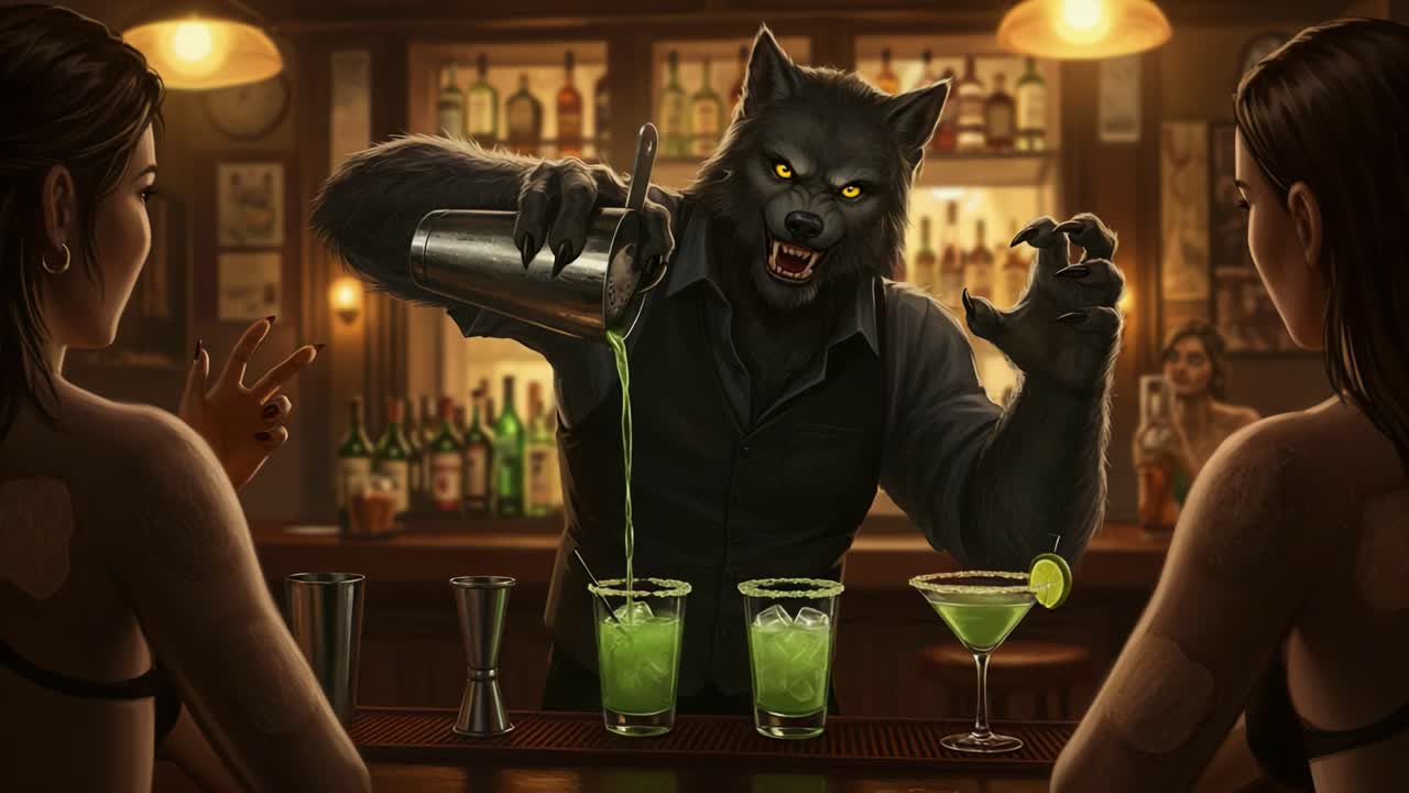 A Captivating Night at the Bar: A Ferocious Wolf Bartender Skillfully Mixes Bright Green Cocktails While Enchanting Patrons with His Intimidating Presence