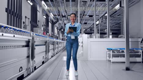 full body of asian female with water production in bottling factory, typing on tablet's keyboard and looking camera and smiling