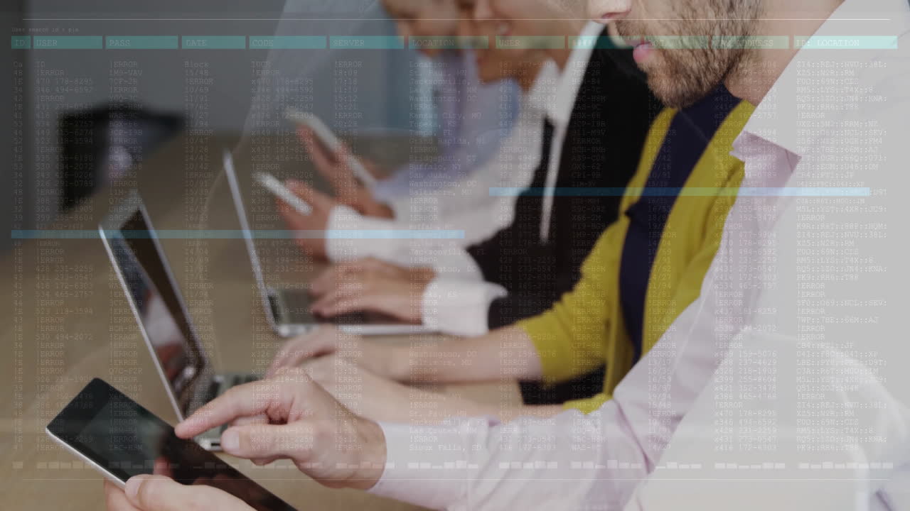 Typing on tablets and laptops, people working with data processing animation over them