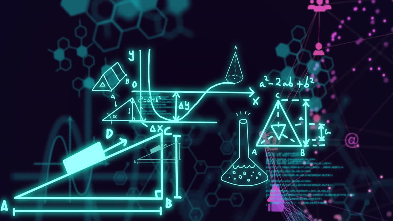 검은 바탕 위에 수학적 공식과 과학적 데이터 처리의 애니메이션