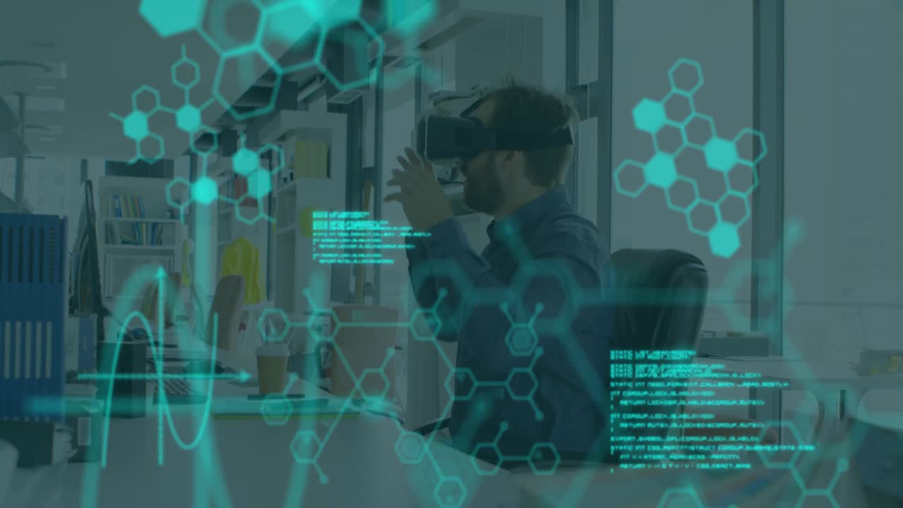 Animation of medical data processing over businessman wearing vr headset