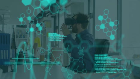 animación del procesamiento de datos médicos sobre un hombre de negocios que usa auriculares vr