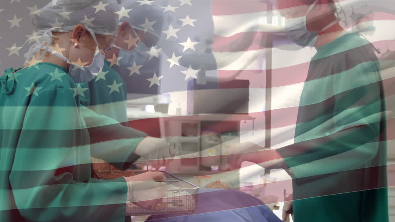 animación de la bandera de los estados unidos ondeando sobre los cirujanos en el quirófano