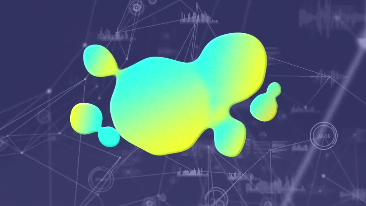 파란색 배경에 빛나는 블롭과 연결 네트워크의 애니메이션