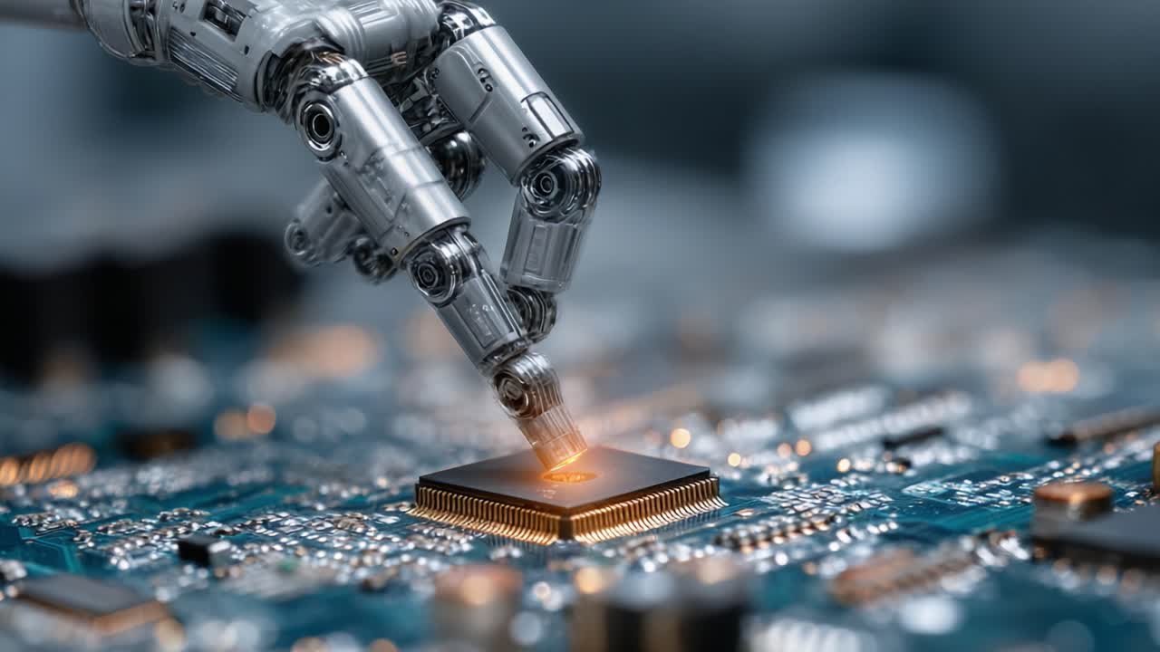 A Robotic Hand Delicately Manipulates a Microchip on a Circuit Board, Showcasing the Intersection of Advanced Technology and Precision Engineering in Modern Electronics