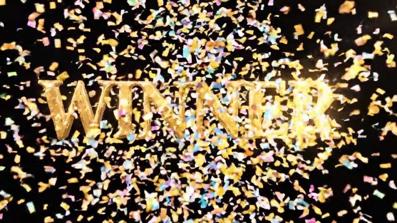 Celebratory Announcement of a 'Winner' Highlighted with Sparkling Text and Colorful Confetti, Enhancing the Excitement of Achievement and Success