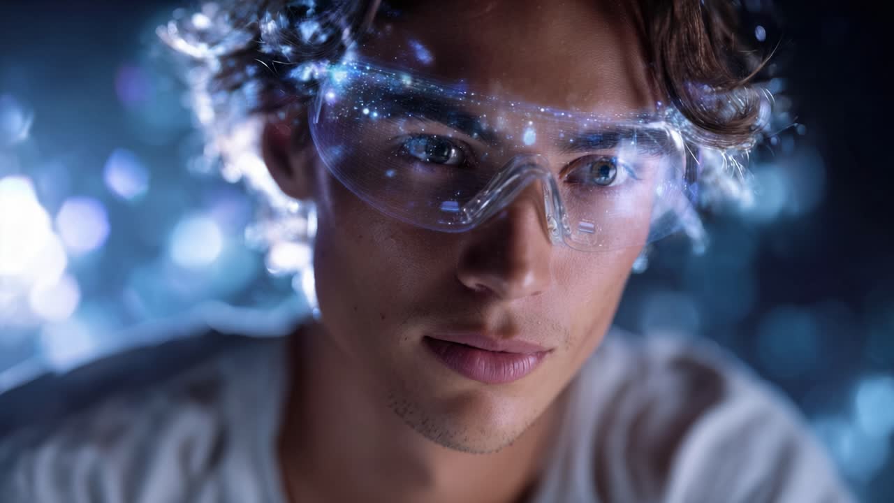 En fokuseret person iført futuristiske briller, omgivet af en fascinerende baggrund af funklende lys, der eksemplificerer dyb eftertanke og innovation.