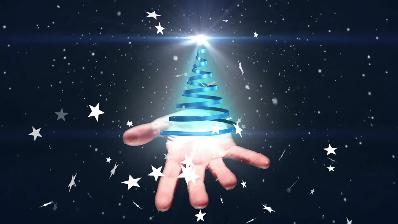 Animation of snow and stars over hand holding blue ribbon forming christmas tree on black background