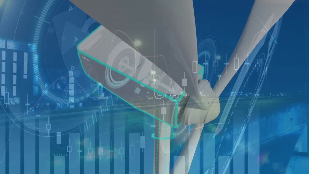 도로 교통 위에서 이동하는 풍력 터빈에 대한 그래프의 애니메이션