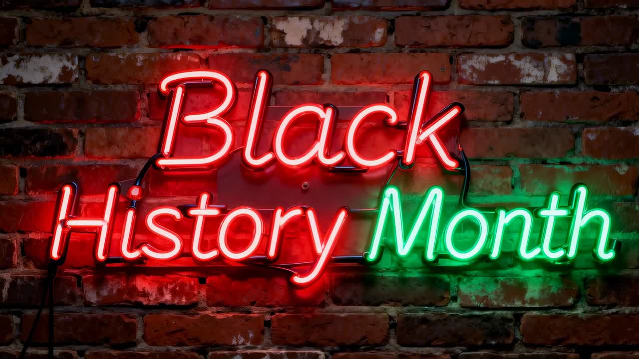 Un’insegna al neon con la scritta Black History Month proietta un bagliore rosso-verde su un mattone con borchie e cavo