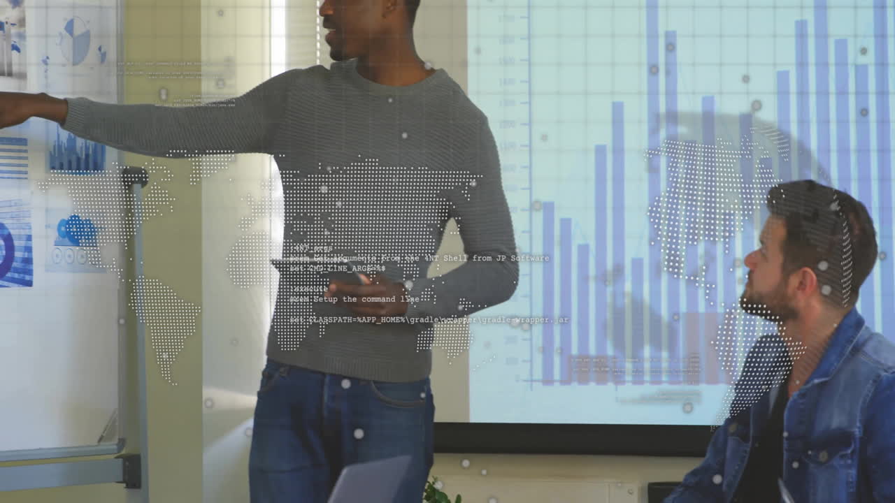 Presenting data analysis, businessman using world map animation in office meeting