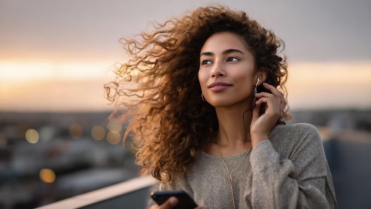A serene moment captured at sunset, showcasing a young woman lost in thought while listening to music on her phone, her curly hair illuminated by the soft, warm glow of the evening sky