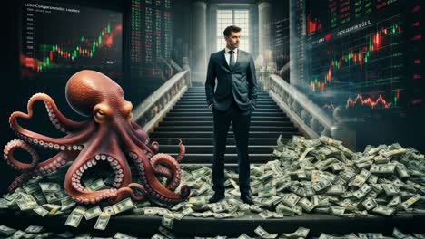 hombre de negocios de pie en las escaleras en medio de dinero y gráficos de acciones con pulpo