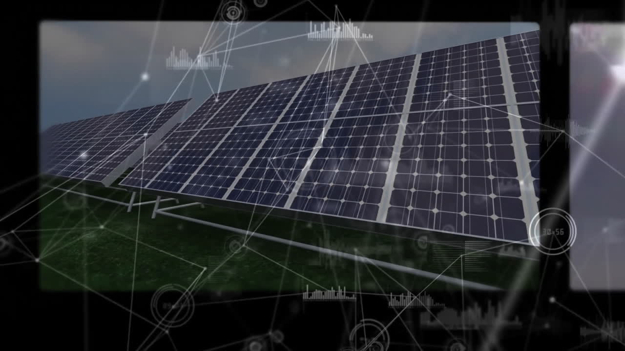 photovoltaic solar panels generating energy data in solar farm, showing network data chart overlays