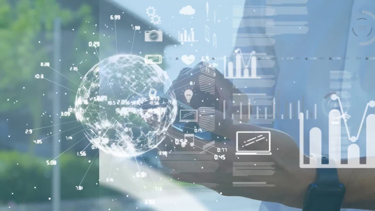 Animation of globe and diverse data over hands of caucasian man using smartphone
