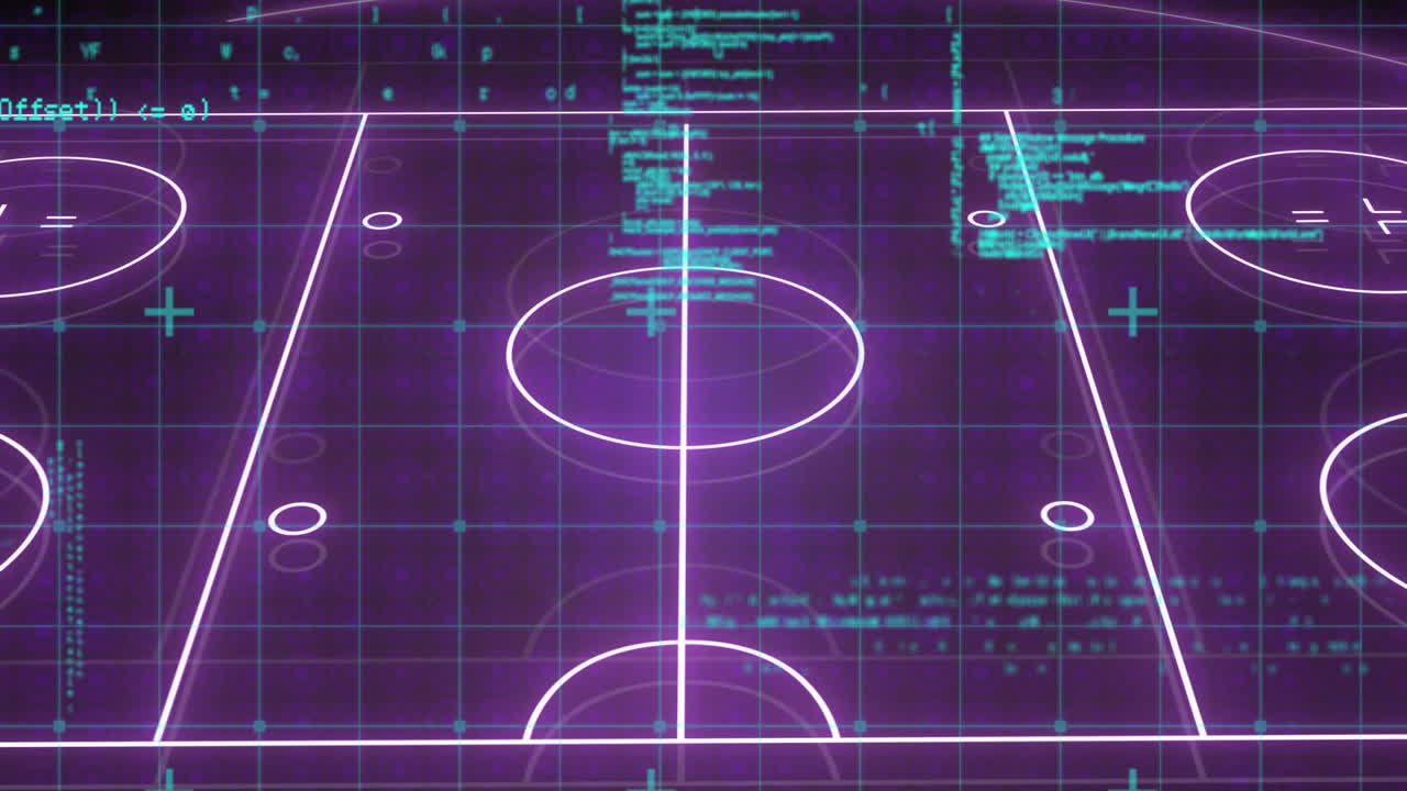 Animation of data processing over neon sport field plans on black background