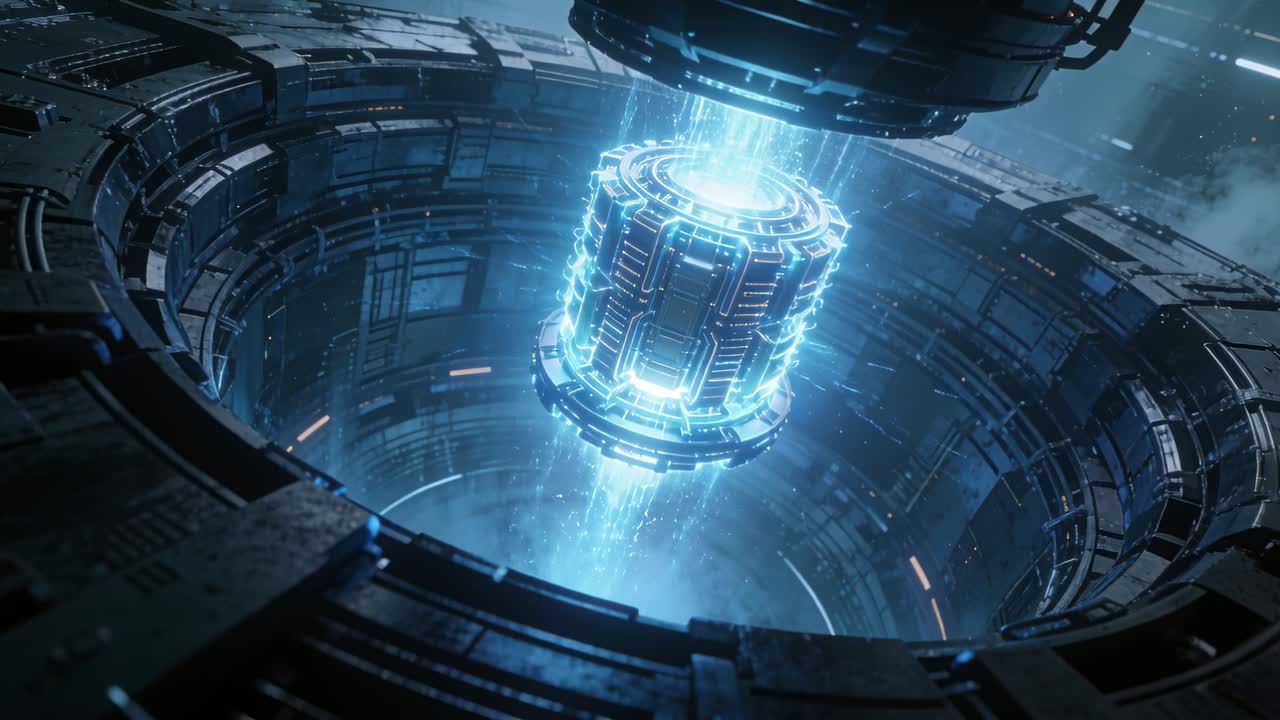 Portale che rilascia un modulo energetico che scende nel pozzo del reattore per attraccare, emettendo un raggio blu e scintille.