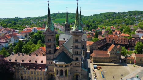 4K Aerial Drone Video of the Bell Towers of the Historic Bamberg Cathedral in the Old Town area of Bamberg, Germany