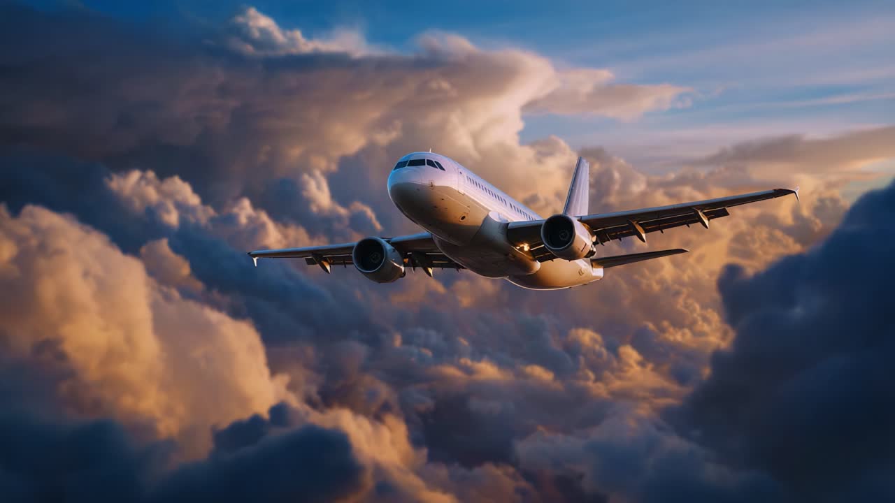 Un aereo maestoso che solca nuvole vivaci sotto un cielo mozzafiato al tramonto, mostrando la bellezza del volo e la libertà di viaggiare nei cieli