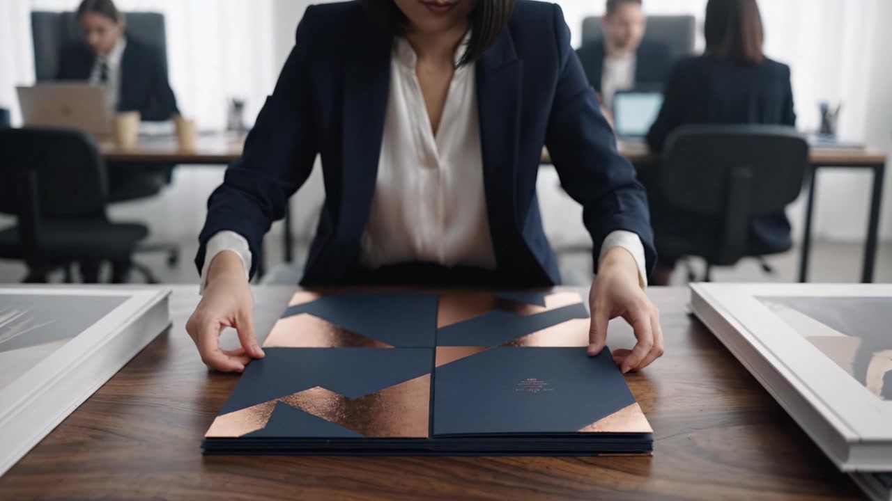 Profesional de negocios meticuloso realizando una presentación de documentos, mostrando elegantes carpetas con detalles de cobre en un entorno de oficina concentrado