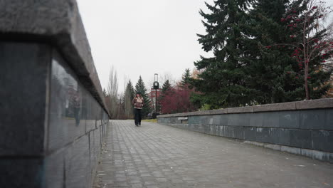 student wearing black cap brown jacket and trouser walking slowly with hands in pockets on urban park pathway surrounded by tall pine trees modern buildings and overcast sky during cold autumn season